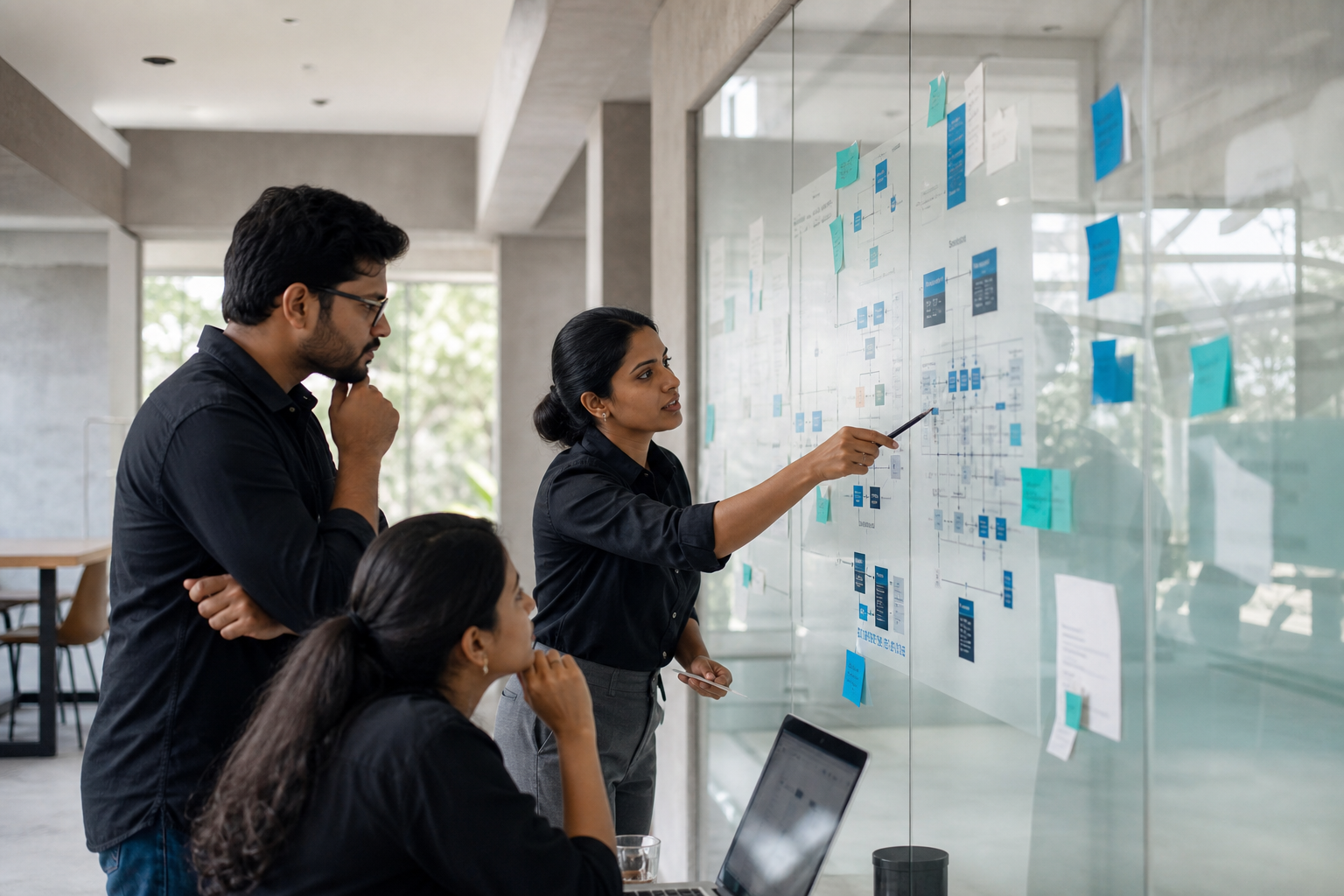 Technology consultants collaborating around a strategy wall